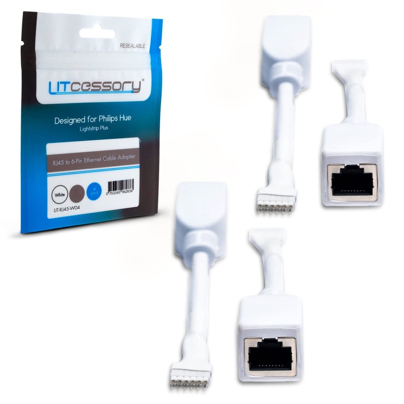 Litcessory RJ45 to 6-Pin Ethernet Cable Adapter for Philips Hue/WiZ Lightstrip (4 Pack - Two Pairs, White - Standard 6-PIN V3 / WiZ Lightstrip) - Image 1